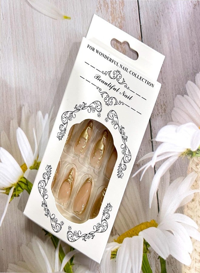 CJDLTS 24Pcs Gold French Tip Press on Nails Medium Length Almond False Nails Golden 3D Lines Design Stick on Nails Artificial Acrylic Nails Full Cover Coffin Nails Reusable Glue on Nails for Women - Image 4
